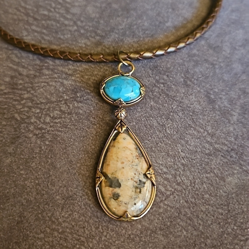 BARSE Interchangeable Jasper Turquoise Pendant Bronze Leather Cord Necklace - Picture 7 of 11